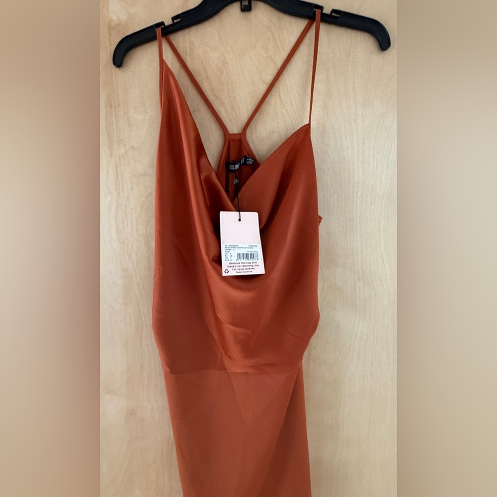 Missguided Asymmetrical Drape Rust Satin Midi Dress Size 4 - Picture 6 of 16